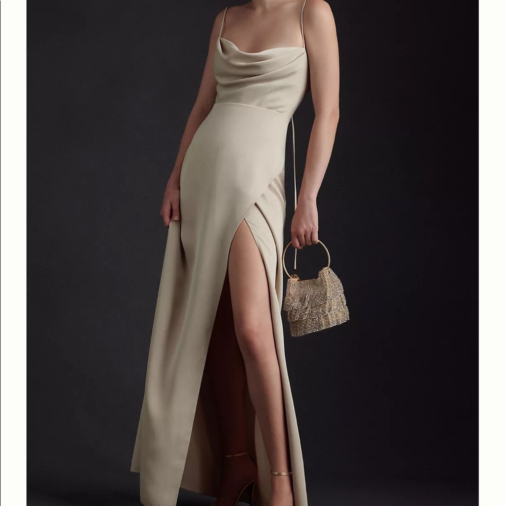 BHLDN Remy Cowl-Neck Faux-Wrap Satin Gown